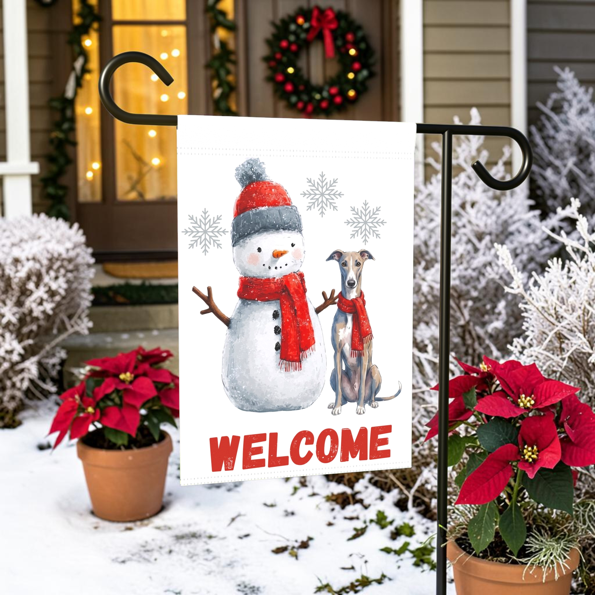 Greyhound and Snowman Welcome Garden Flag