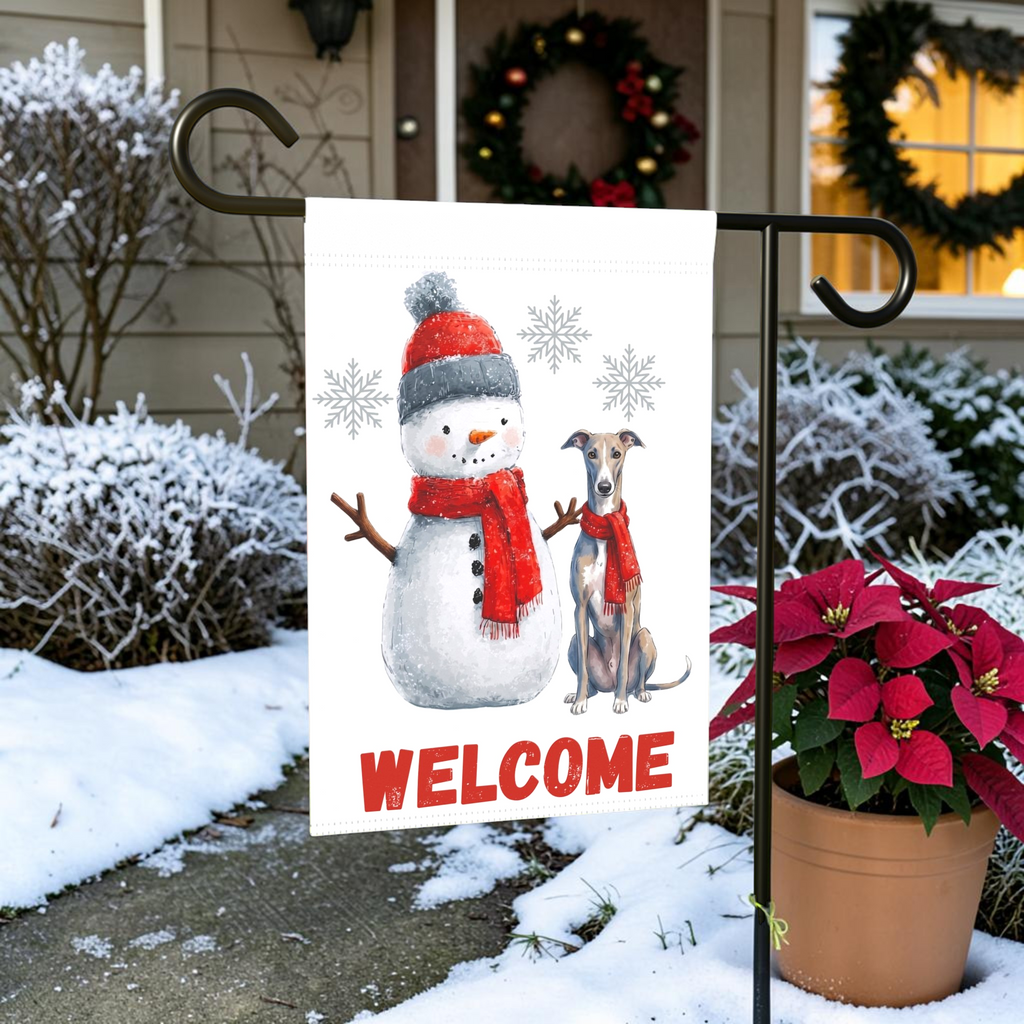 Greyhound and Snowman Welcome Garden Flag