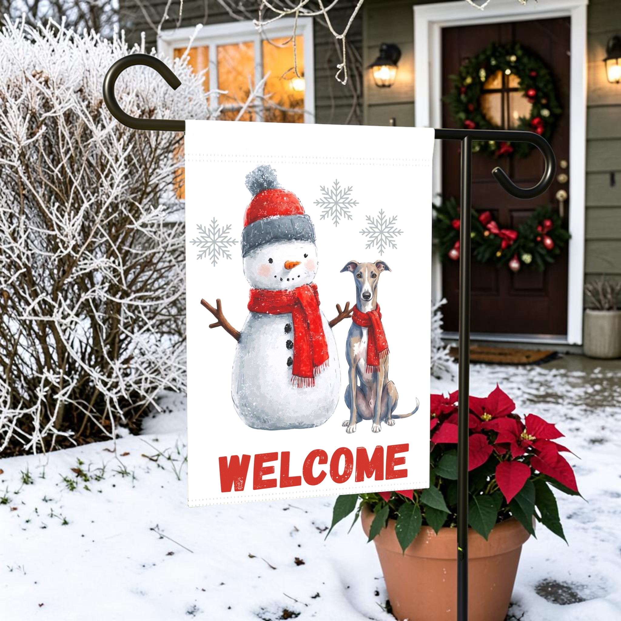 Greyhound and Snowman Welcome Garden Flag