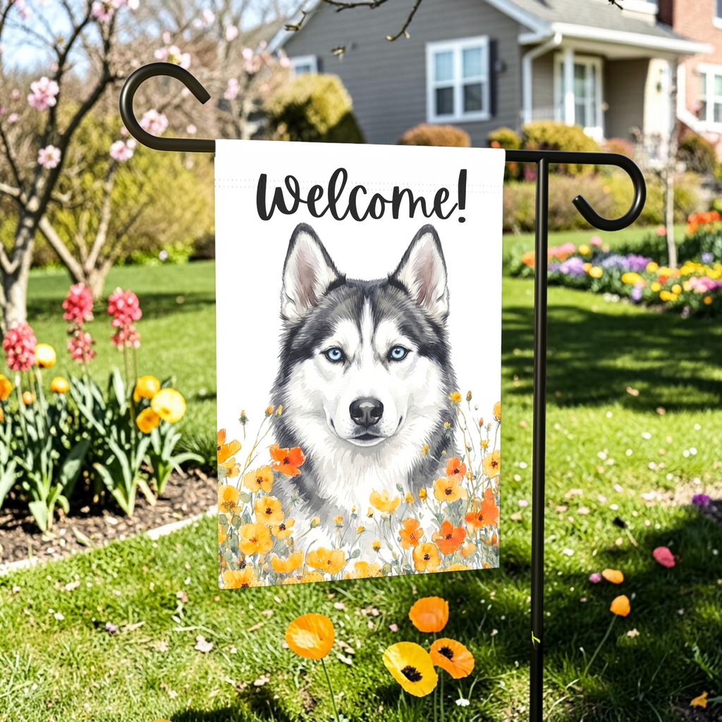 Yellow Poppies Siberian Husky Welcome Garden Flag