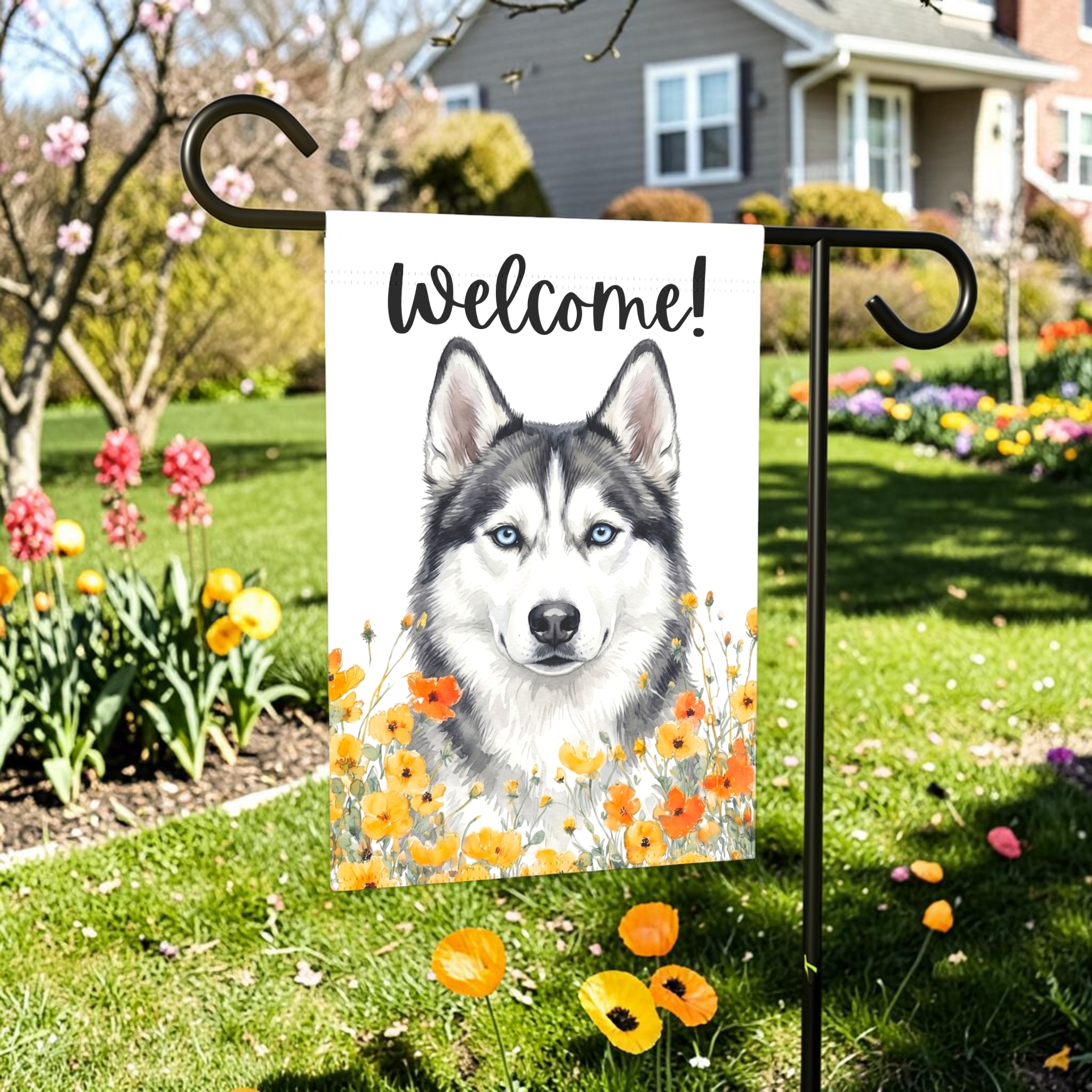 Yellow Poppies Siberian Husky Welcome Garden Flag