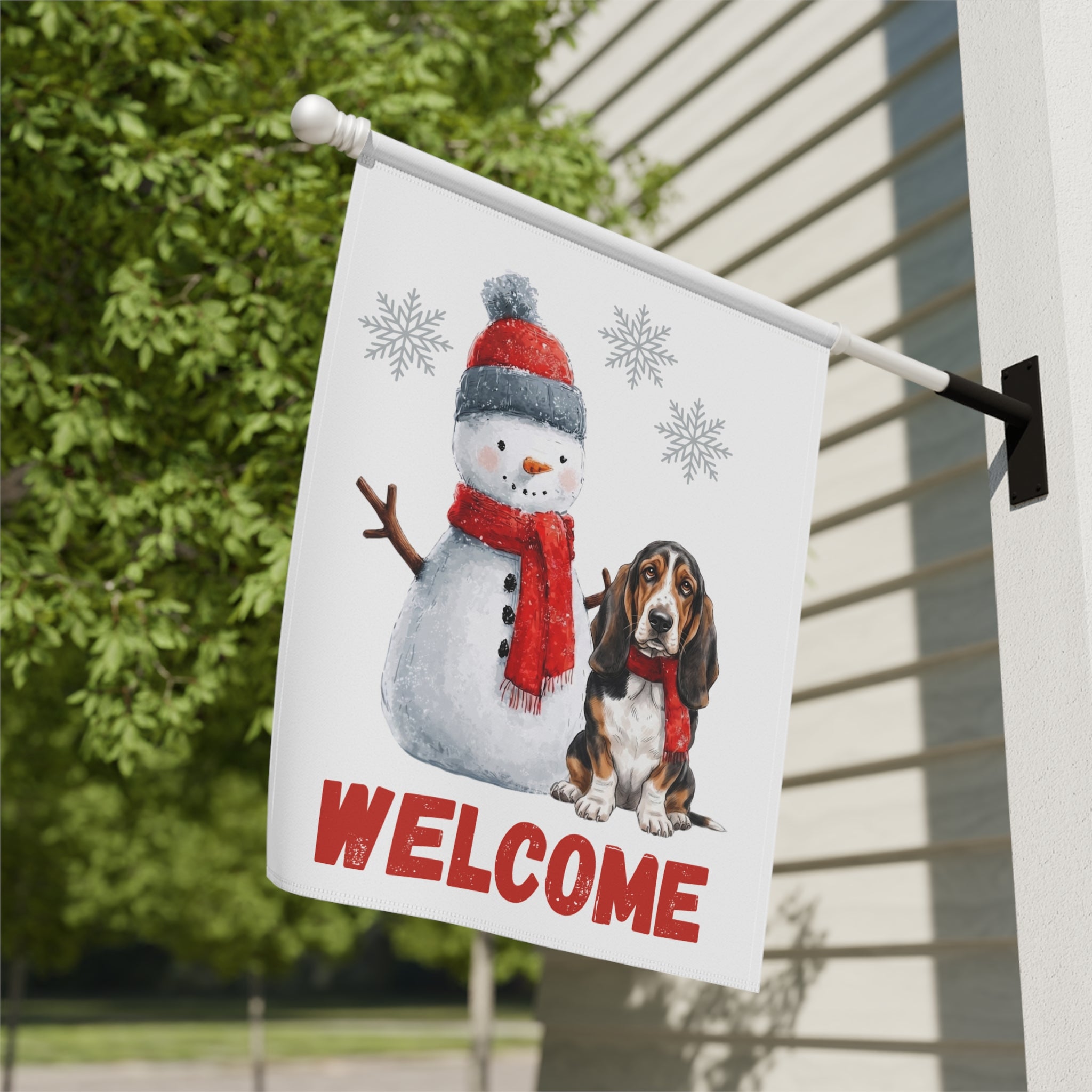Basset Hound and Snowman Welcome Garden Flag