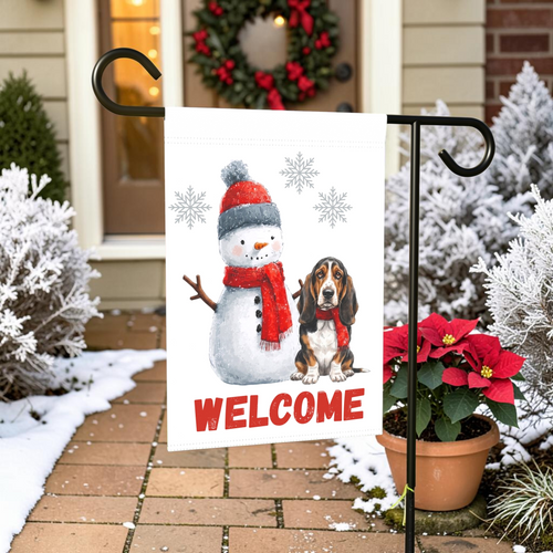 Basset Hound and Snowman Welcome Garden Flag - front view - Dragonfire Gardens