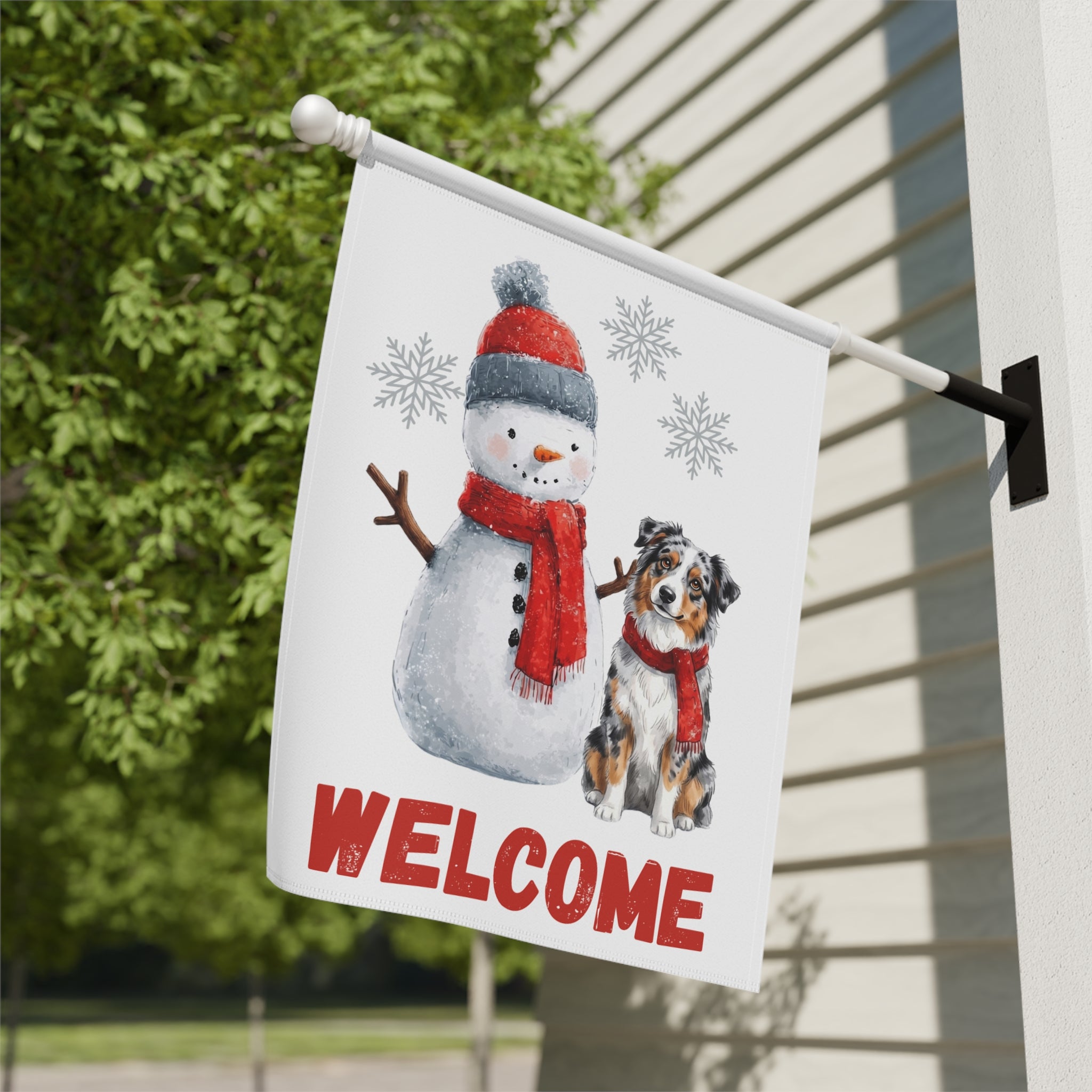 Australian Shepherd and Snowman Welcome Garden Flag