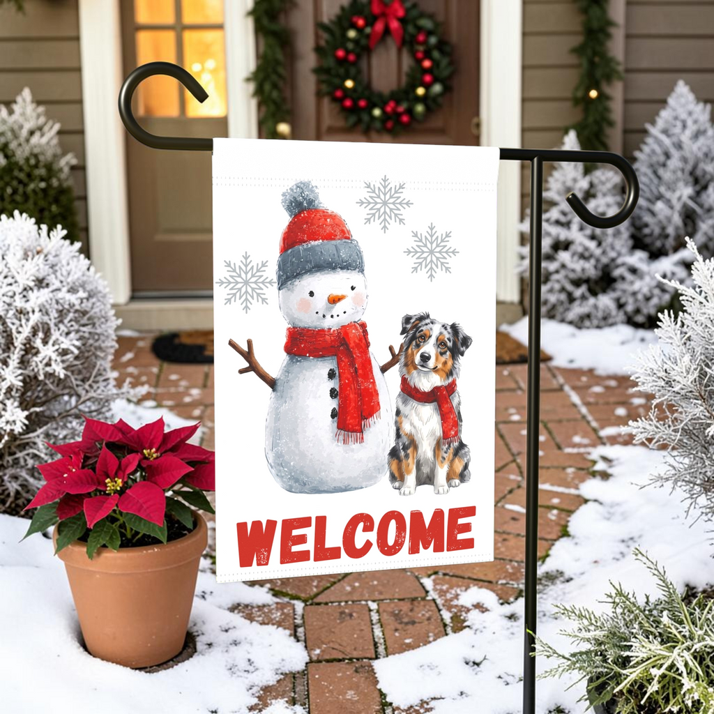 Australian Shepherd and Snowman Welcome Garden Flag