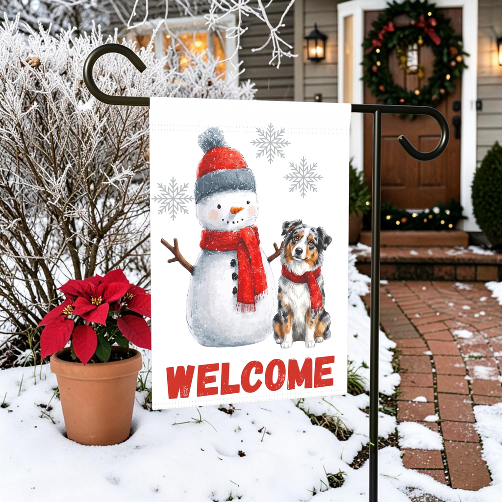 Australian Shepherd and Snowman Welcome Garden Flag