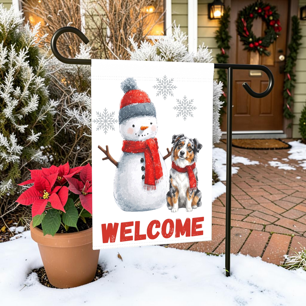 Australian Shepherd and Snowman Welcome Garden Flag
