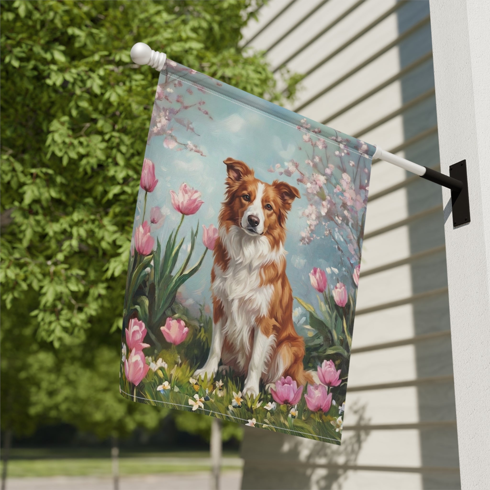 Red Border Collie in Tulips Garden Banner