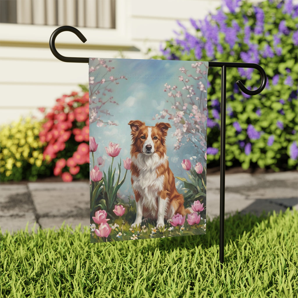 Red Border Collie in Tulips Garden Banner