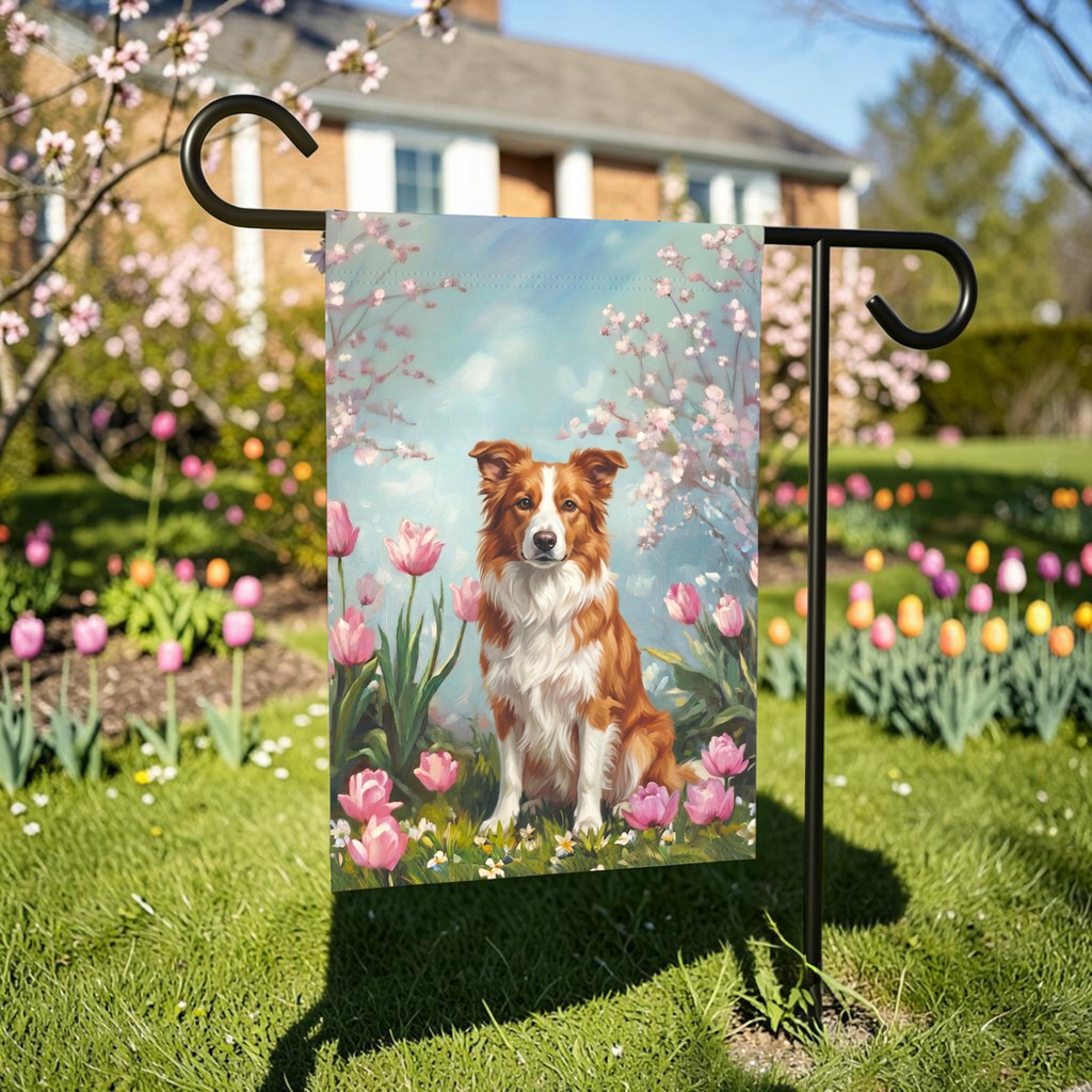 Red Border Collie in Tulips Garden Banner