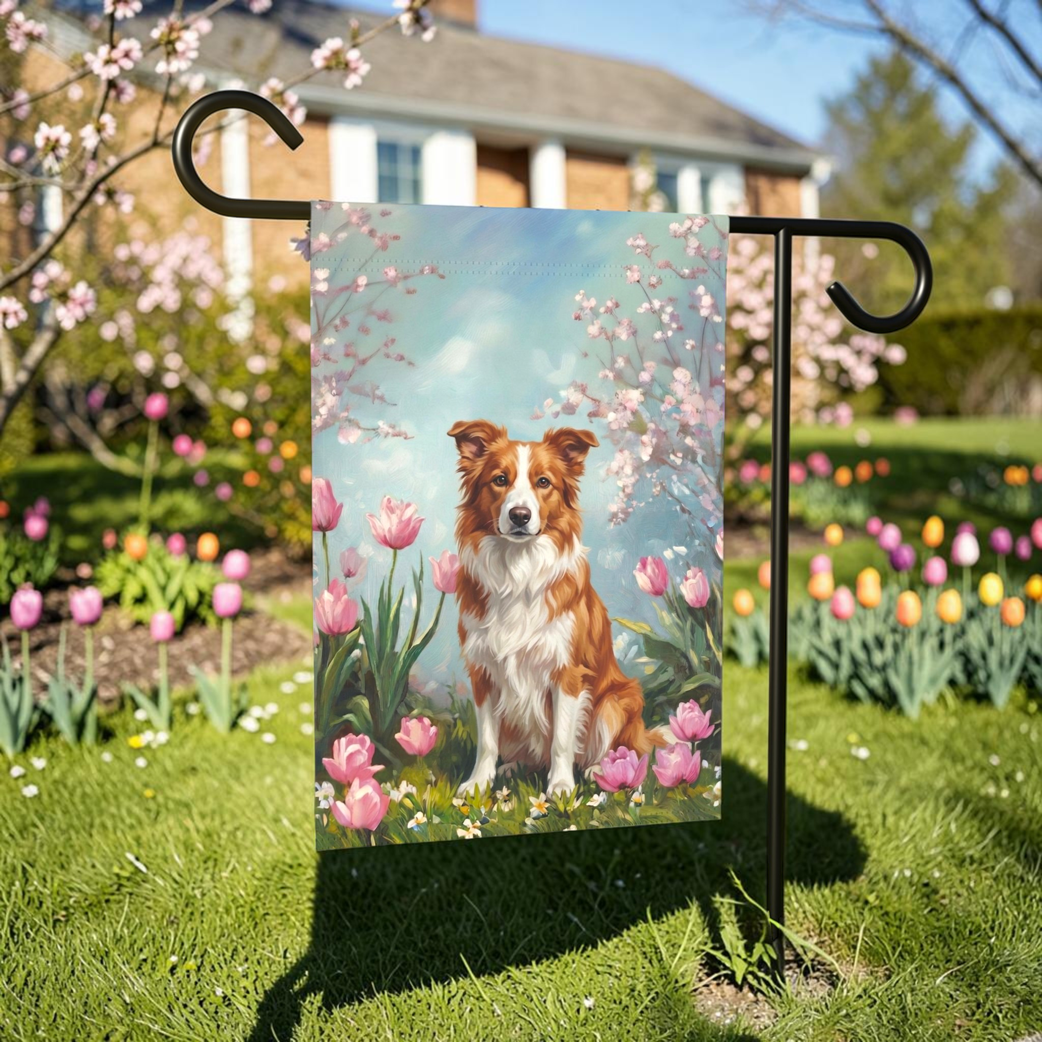 Red Border Collie in Tulips Garden Banner
