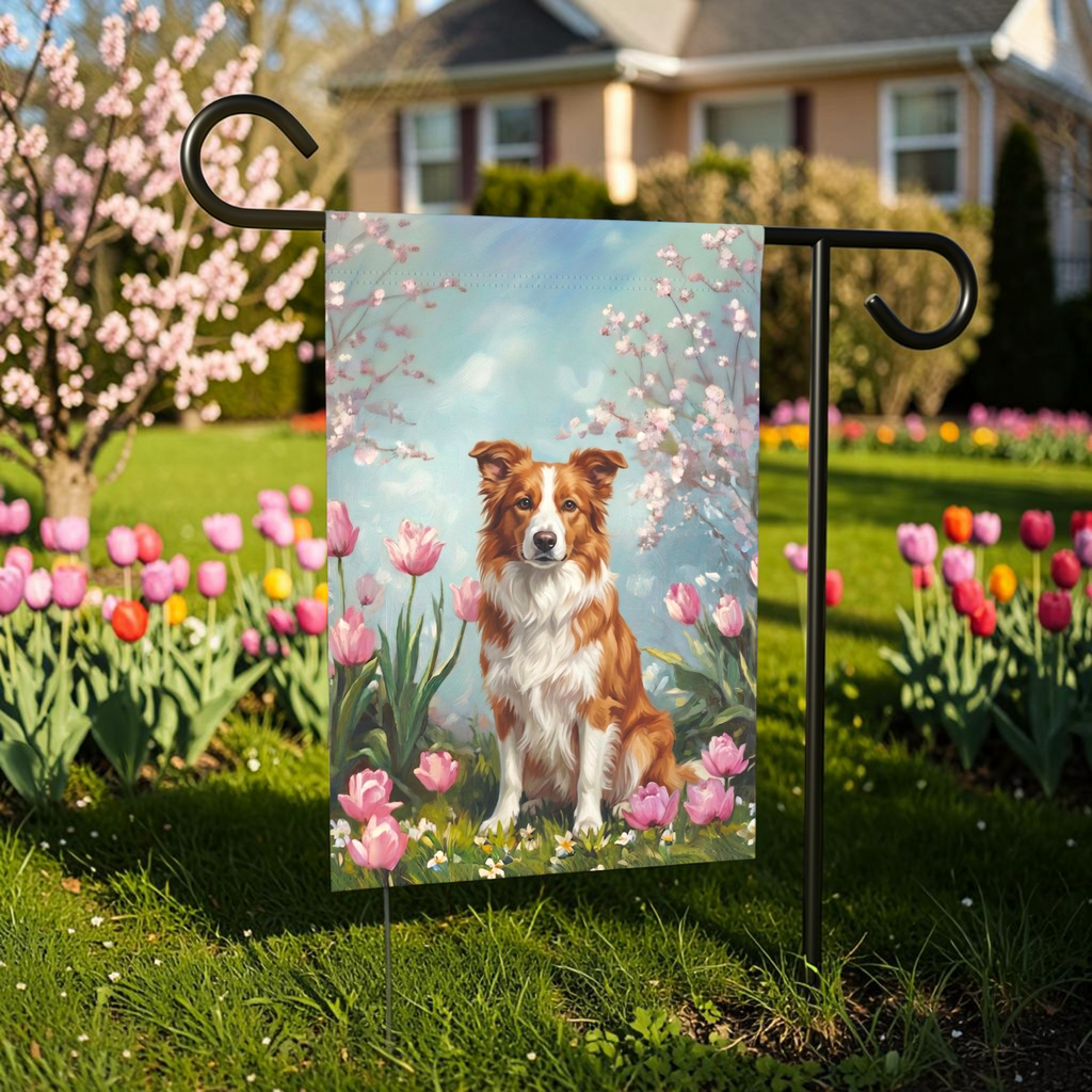 Red Border Collie in Tulips Garden Banner