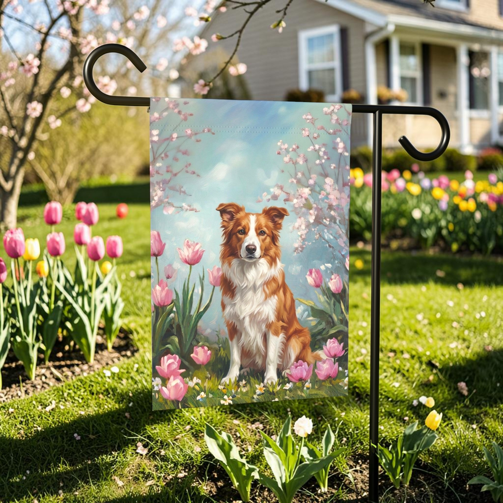 Red Border Collie in Tulips Garden Banner