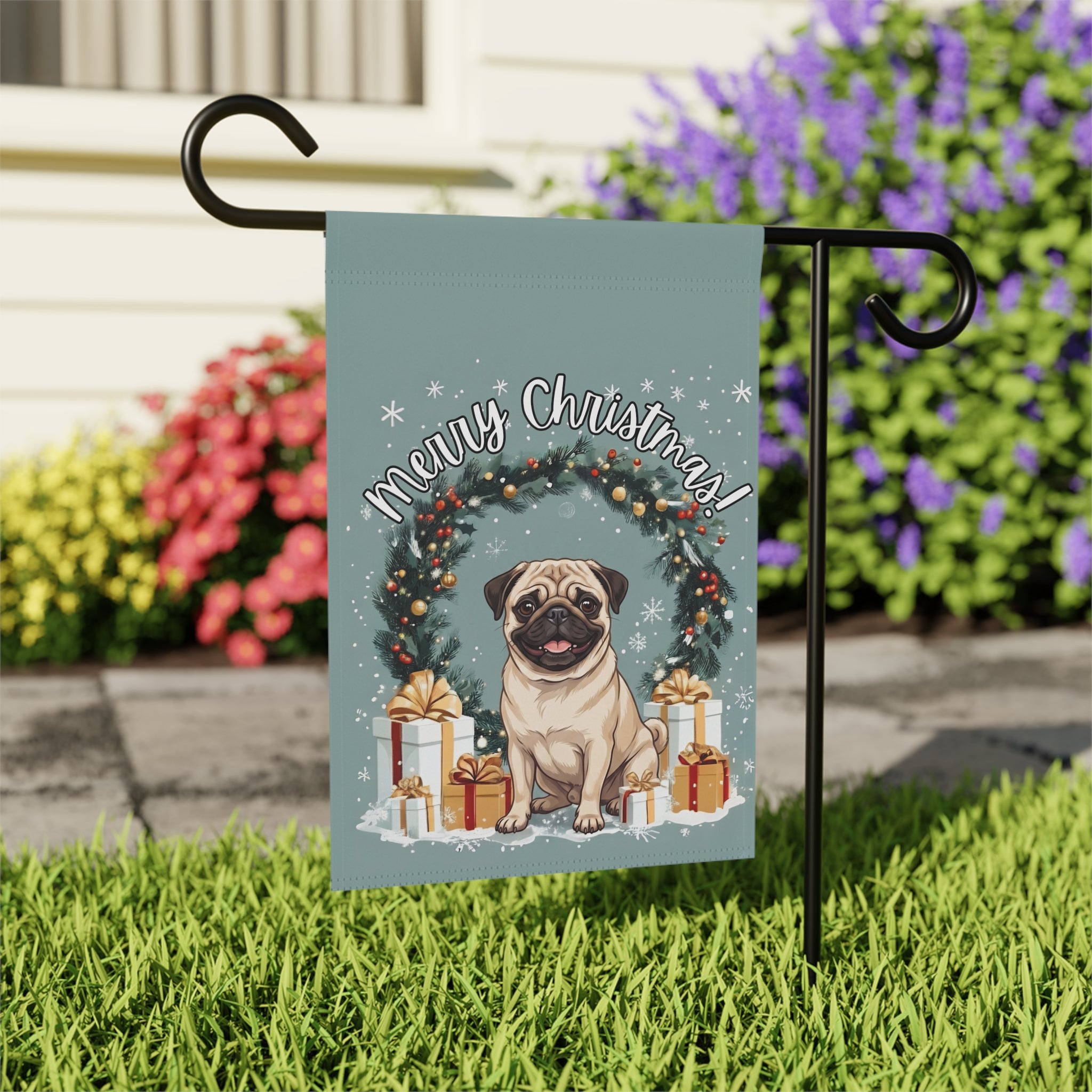 Merry Christmas Pug Garden Flag