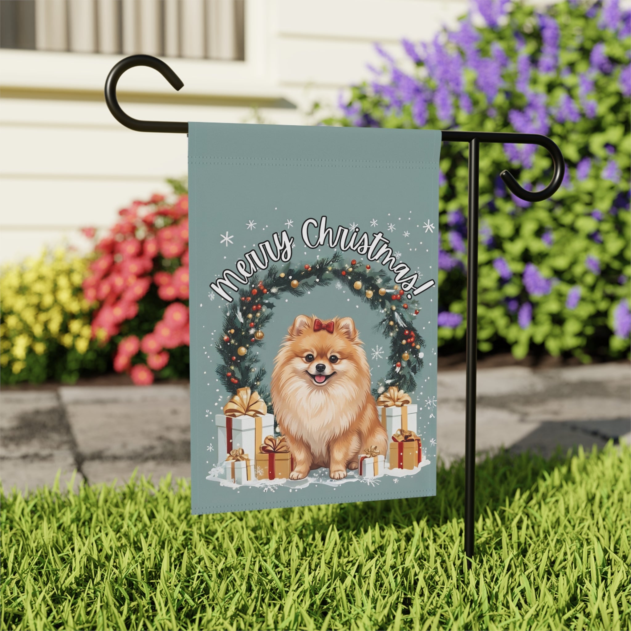 Merry Christmas Pomeranian Garden Flag