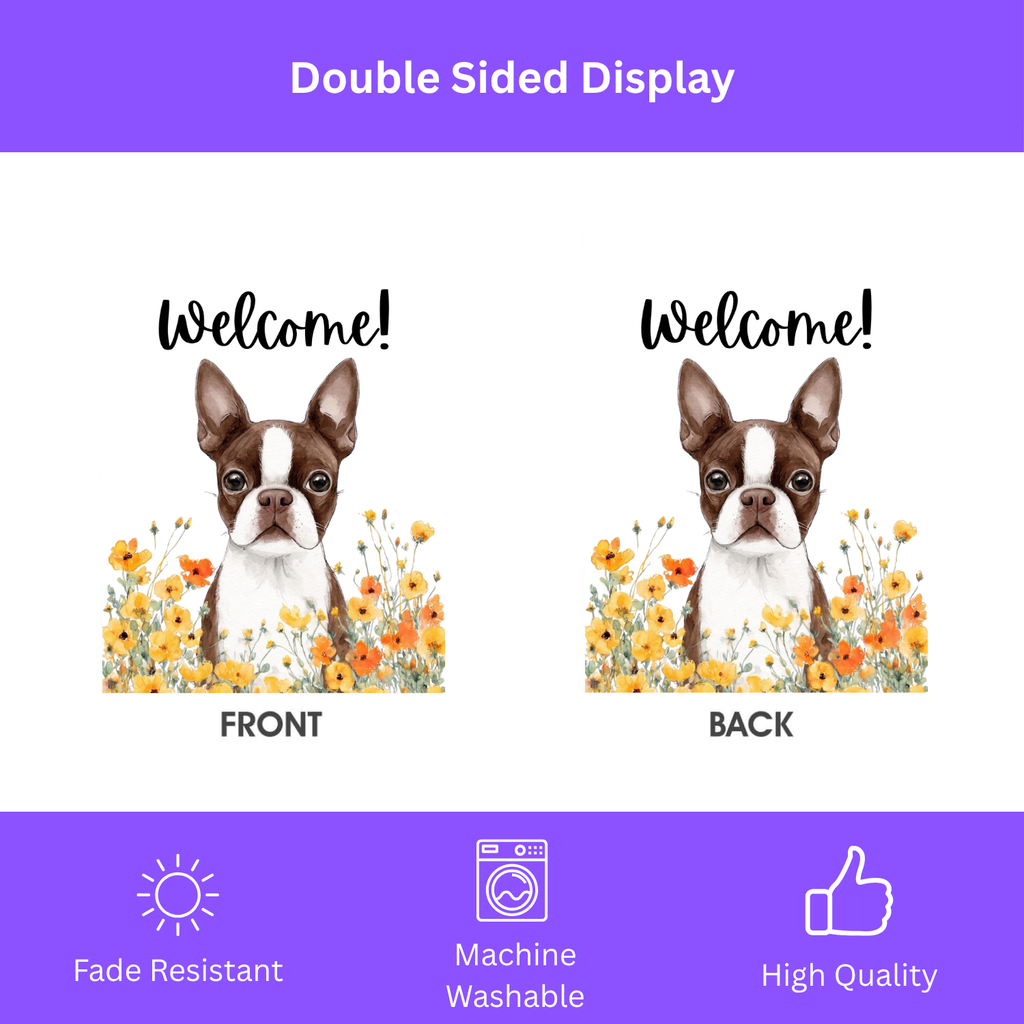 Yellow Poppies Liver and White Boston Terrier Welcome Garden Flag