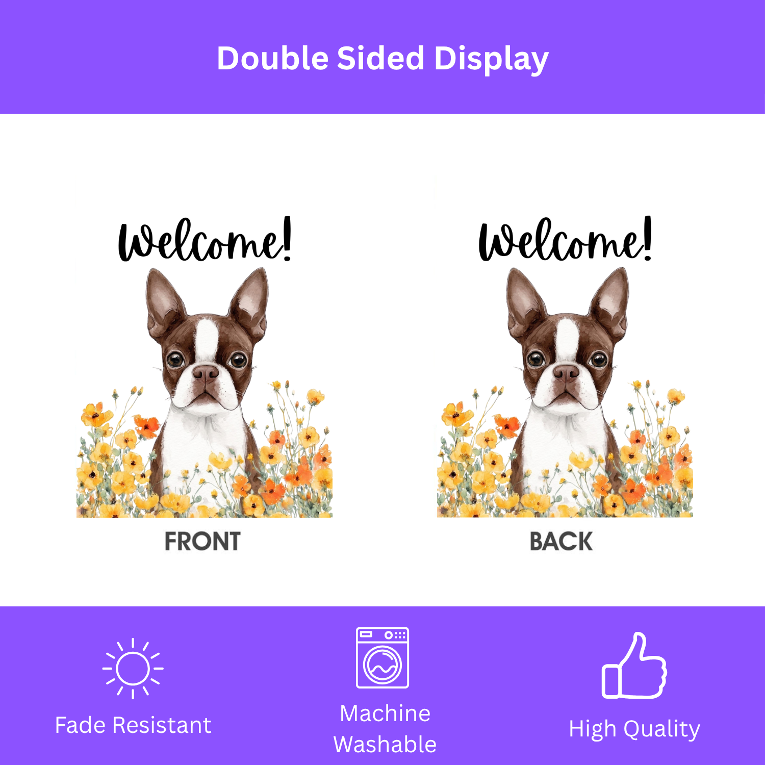 Yellow Poppies Liver and White Boston Terrier Welcome Garden Flag