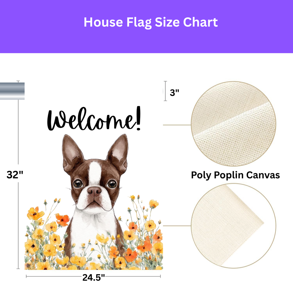 Yellow Poppies Liver and White Boston Terrier Welcome Garden Flag