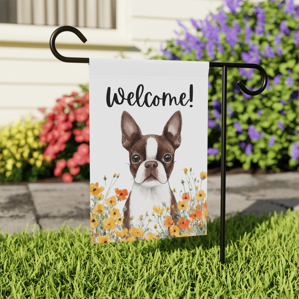 Yellow Poppies Liver and White Boston Terrier Welcome Garden Flag