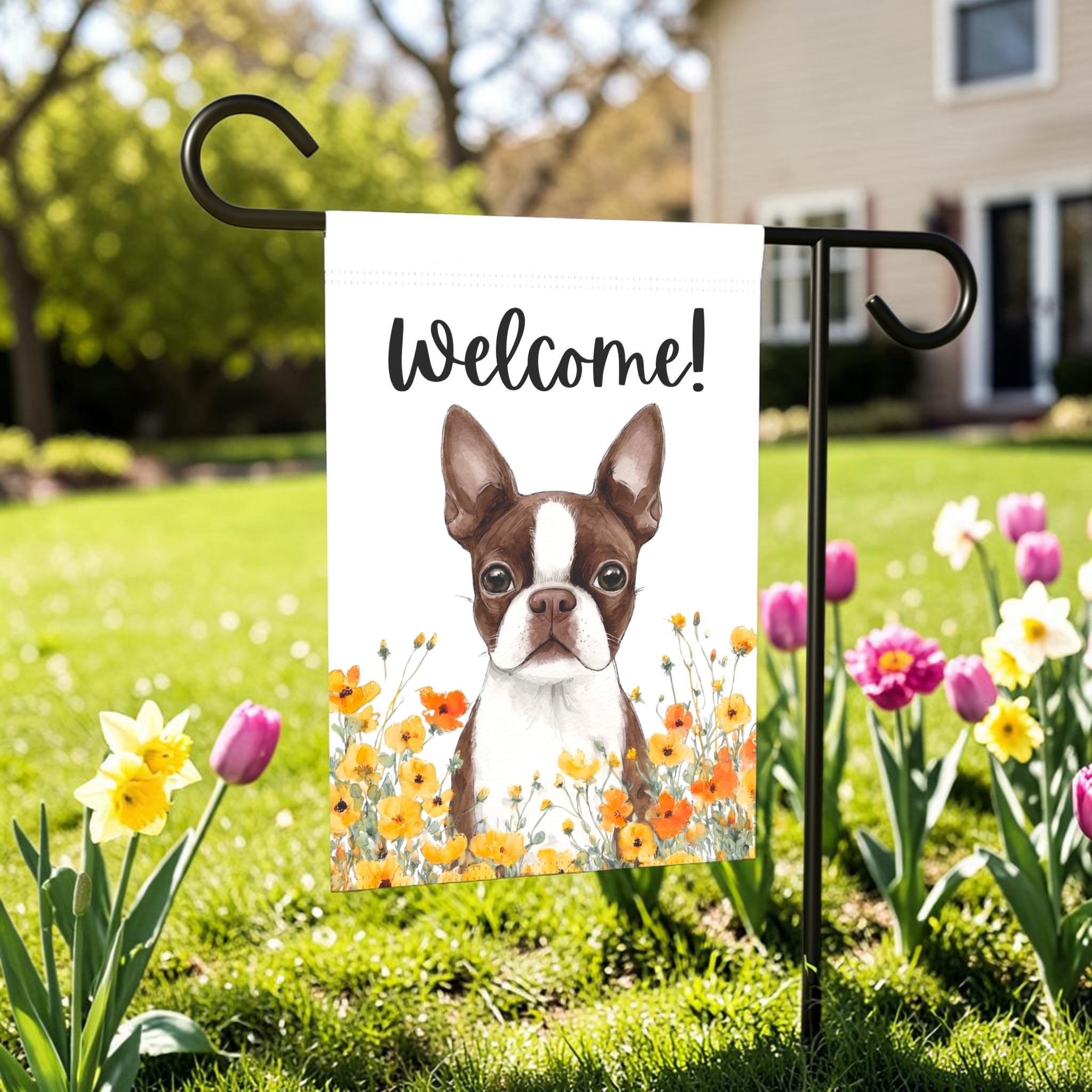 Yellow Poppies Liver and White Boston Terrier Welcome Garden Flag