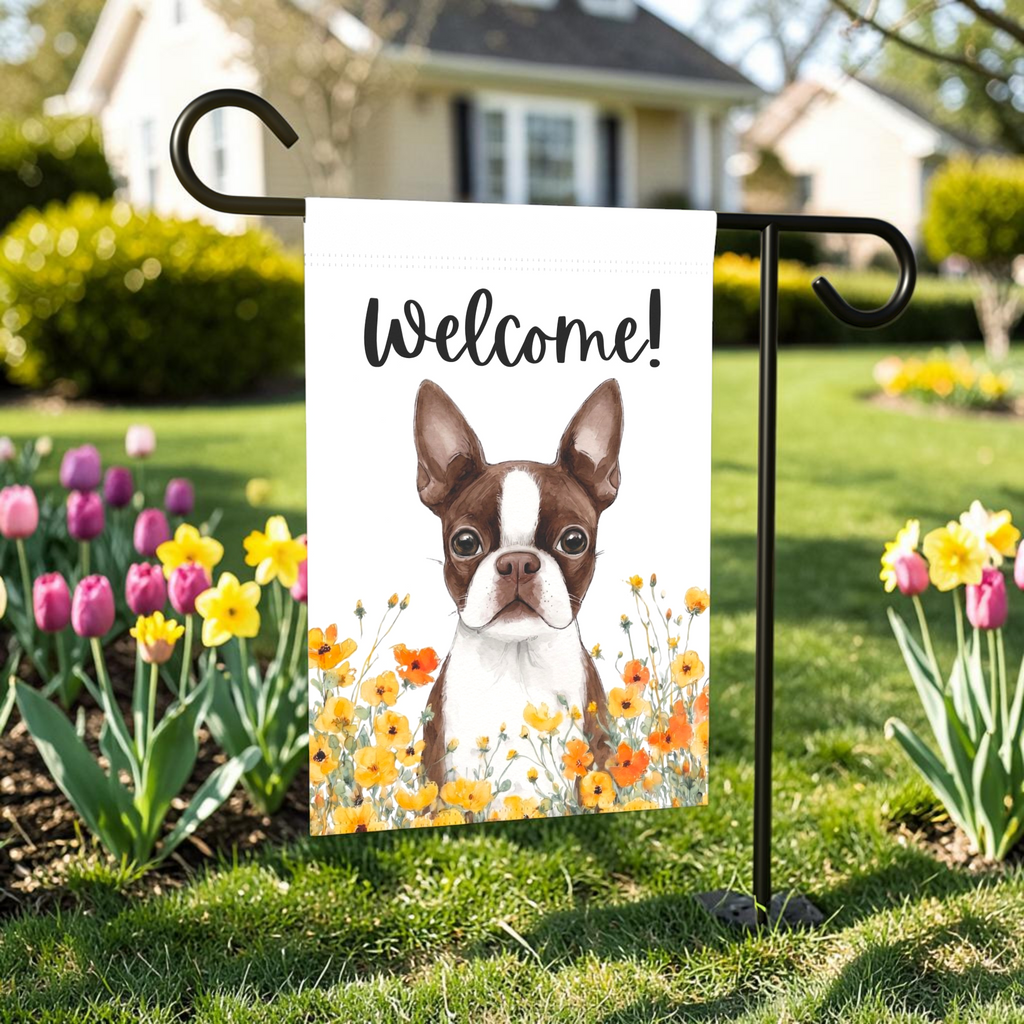 Yellow Poppies Liver and White Boston Terrier Welcome Garden Flag