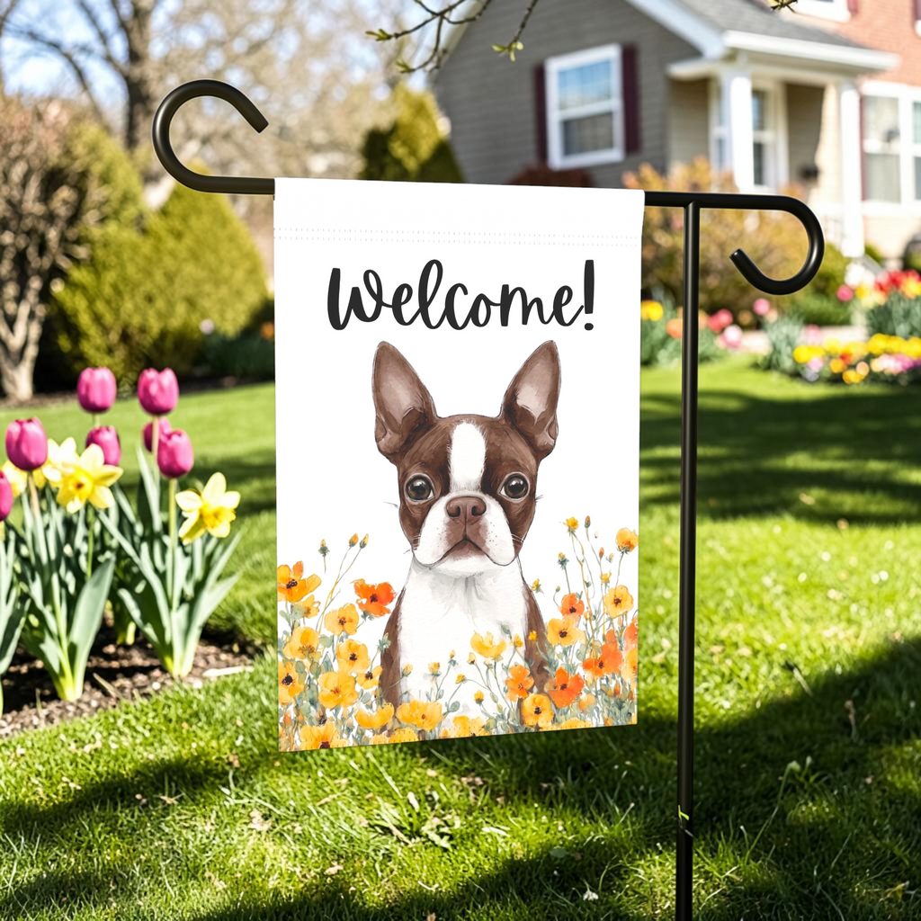 Yellow Poppies Liver and White Boston Terrier Welcome Garden Flag