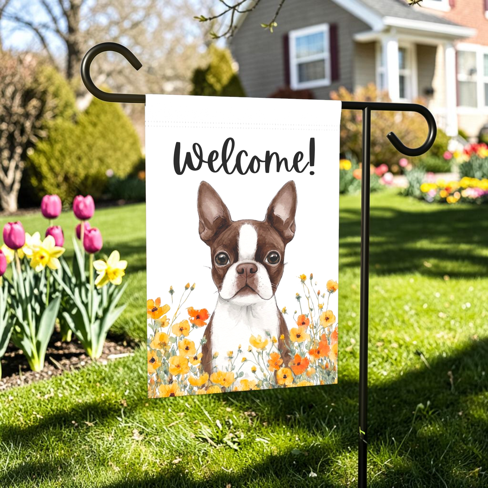 Yellow Poppies Liver and White Boston Terrier Welcome Garden Flag