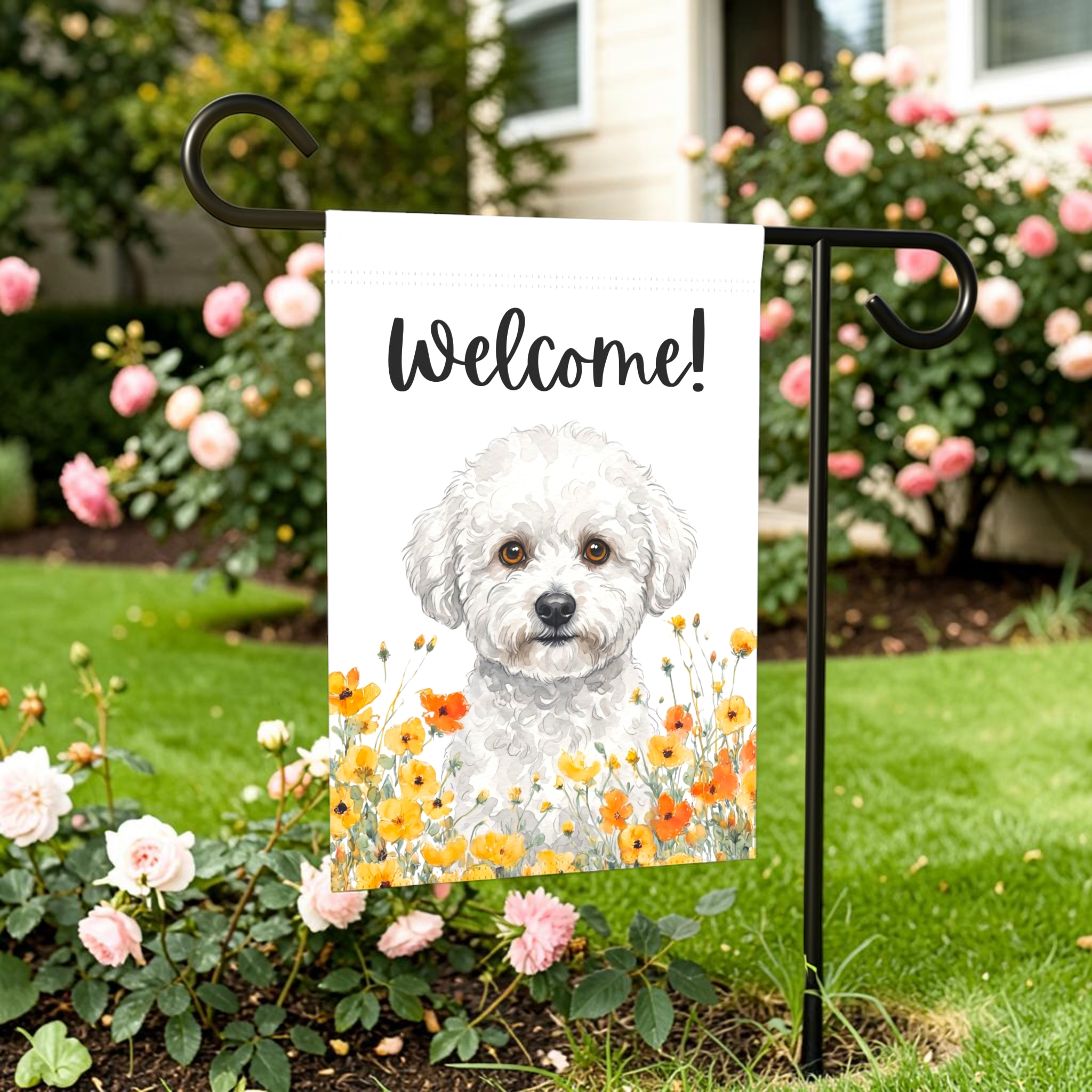 Yellow Poppies Bichon Frise Welcome Garden Flag