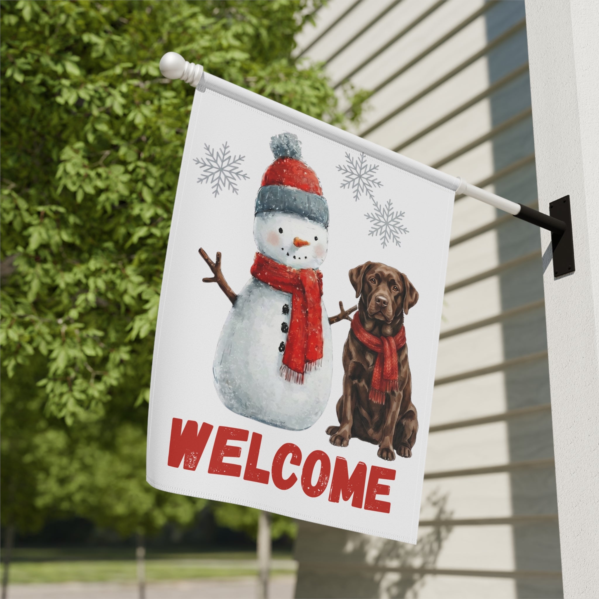 Snowman and Chocolate Labrador Retriever Welcome Garden Flag