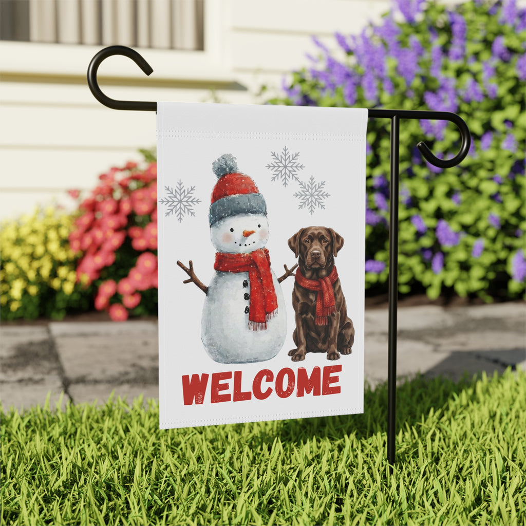 Snowman and Chocolate Labrador Retriever Welcome Garden Flag