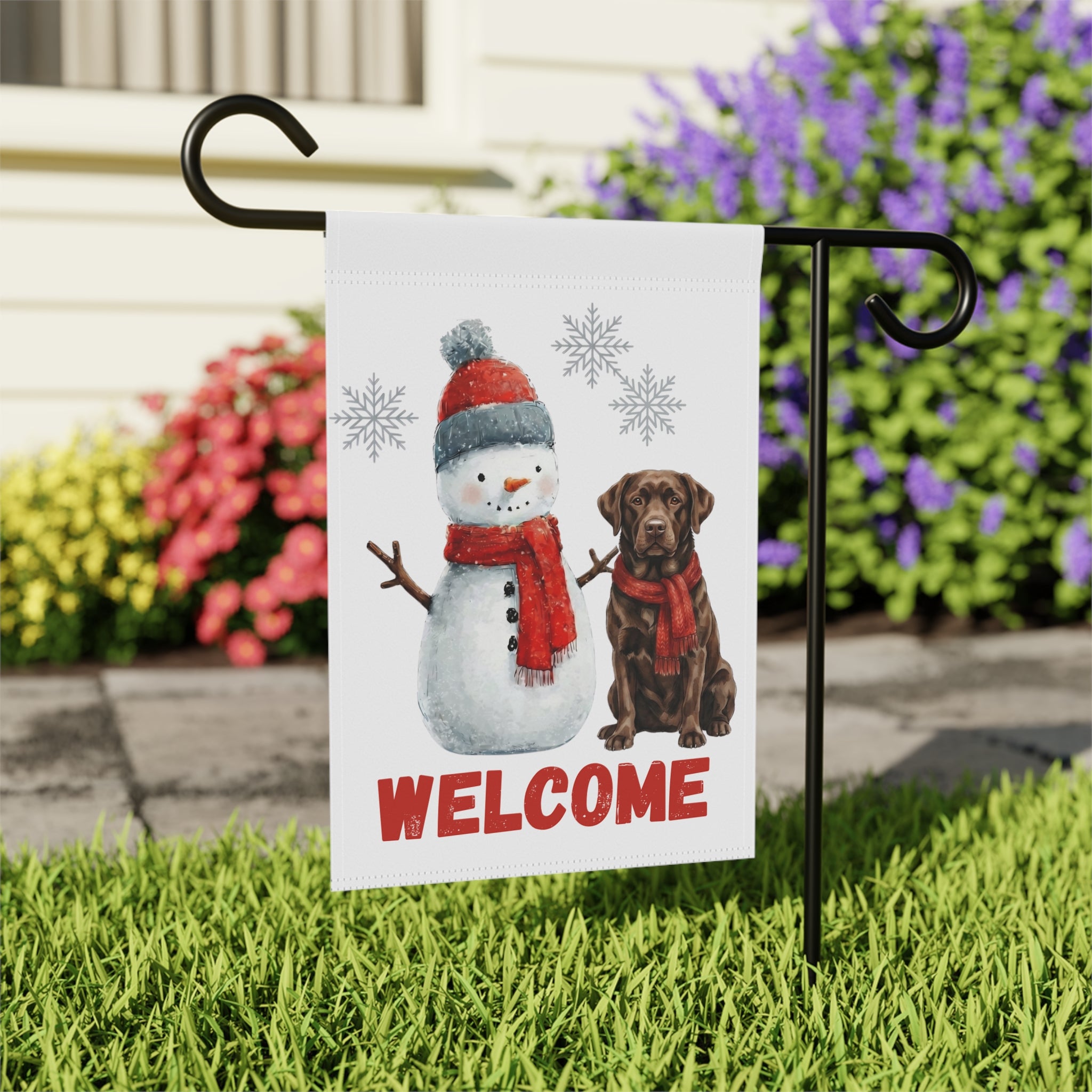 Snowman and Chocolate Labrador Retriever Welcome Garden Flag
