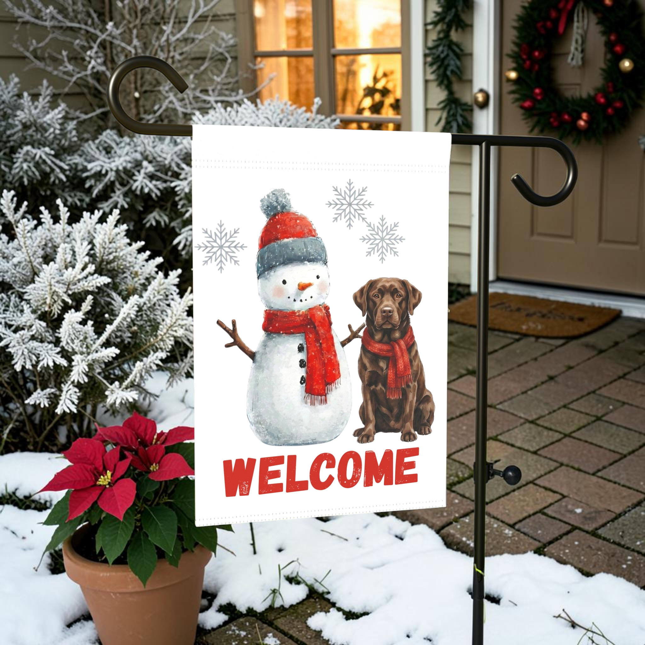 Snowman and Chocolate Labrador Retriever Welcome Garden Flag