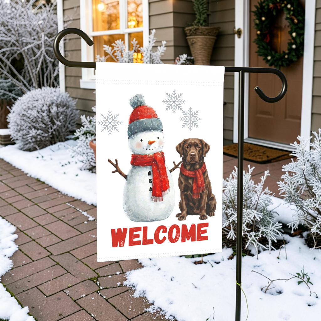 Snowman and Chocolate Labrador Retriever Welcome Garden Flag