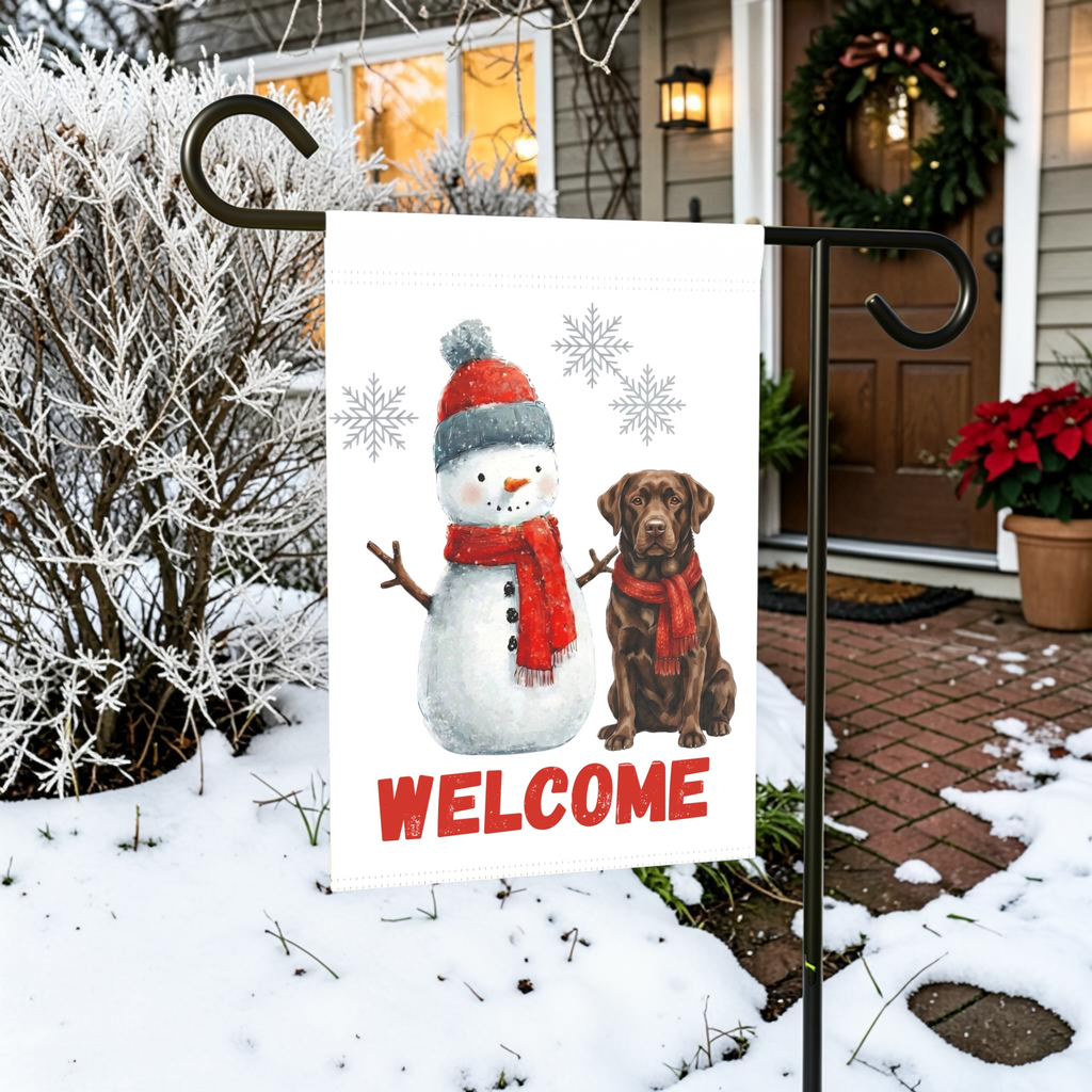 Snowman and Chocolate Labrador Retriever Welcome Garden Flag