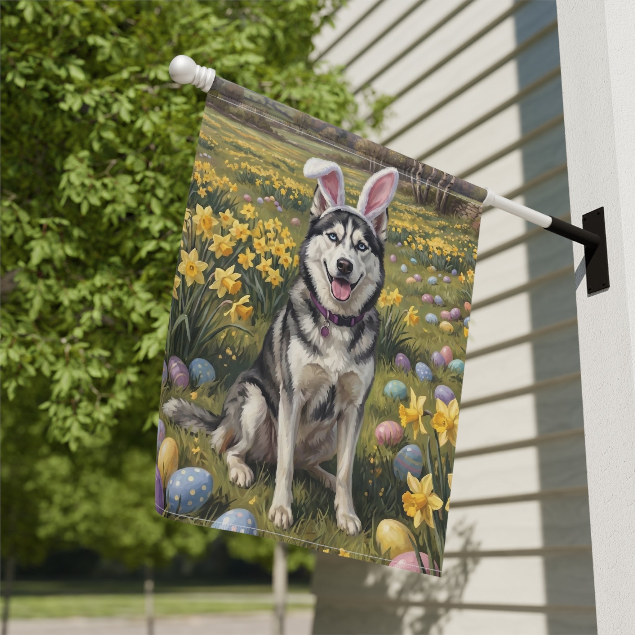 Pink Bunny Ears Siberian Husky Easter Garden Flag