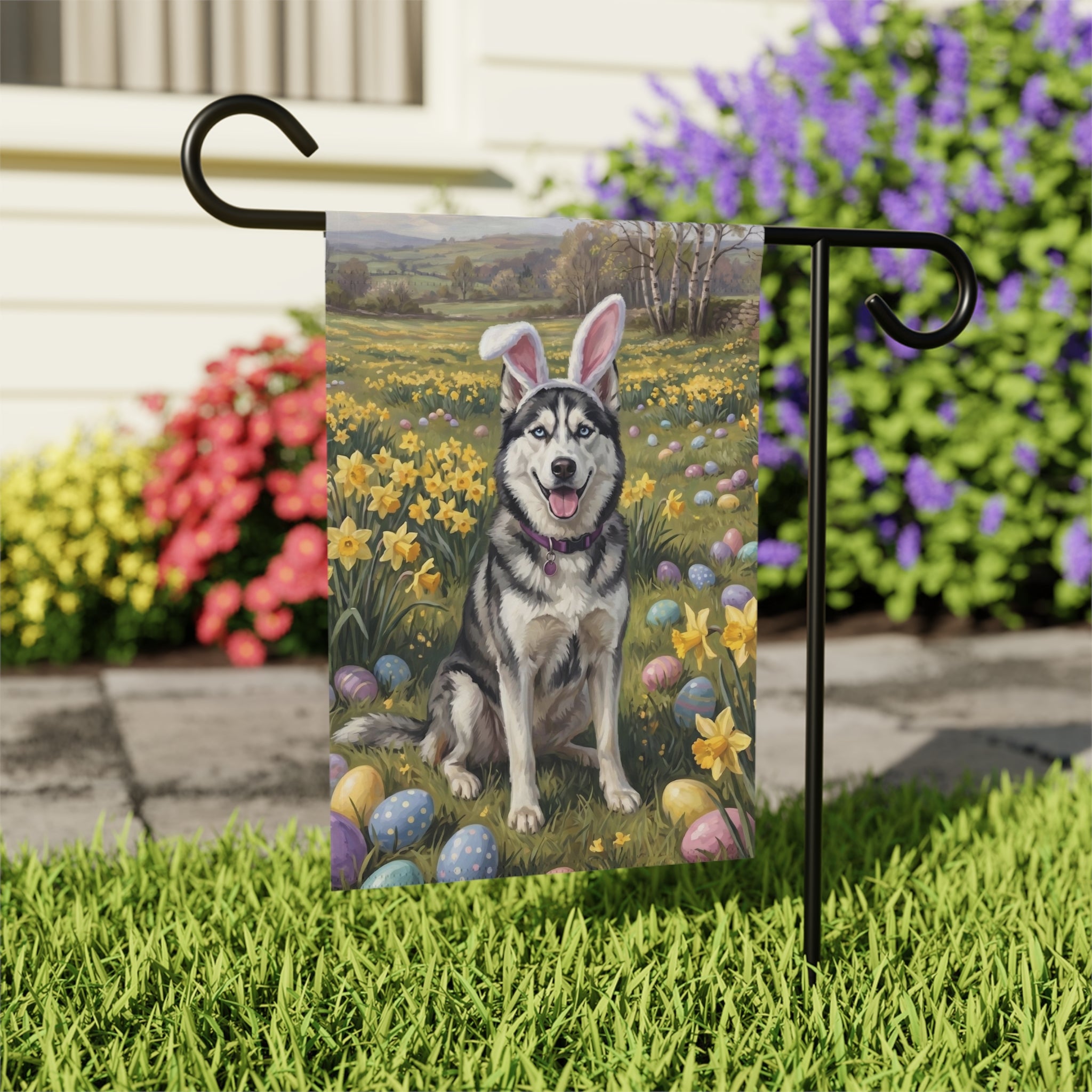 Pink Bunny Ears Siberian Husky Easter Garden Flag