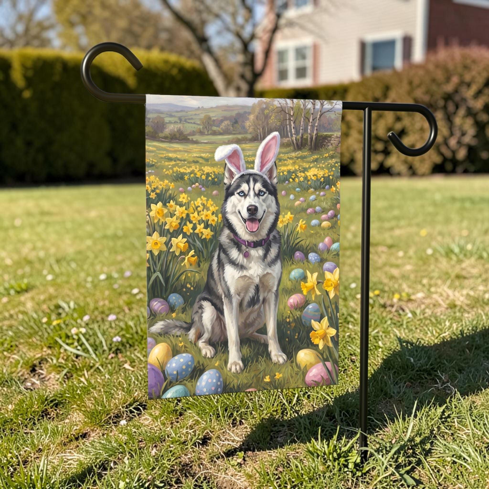 Pink Bunny Ears Siberian Husky Easter Garden Flag