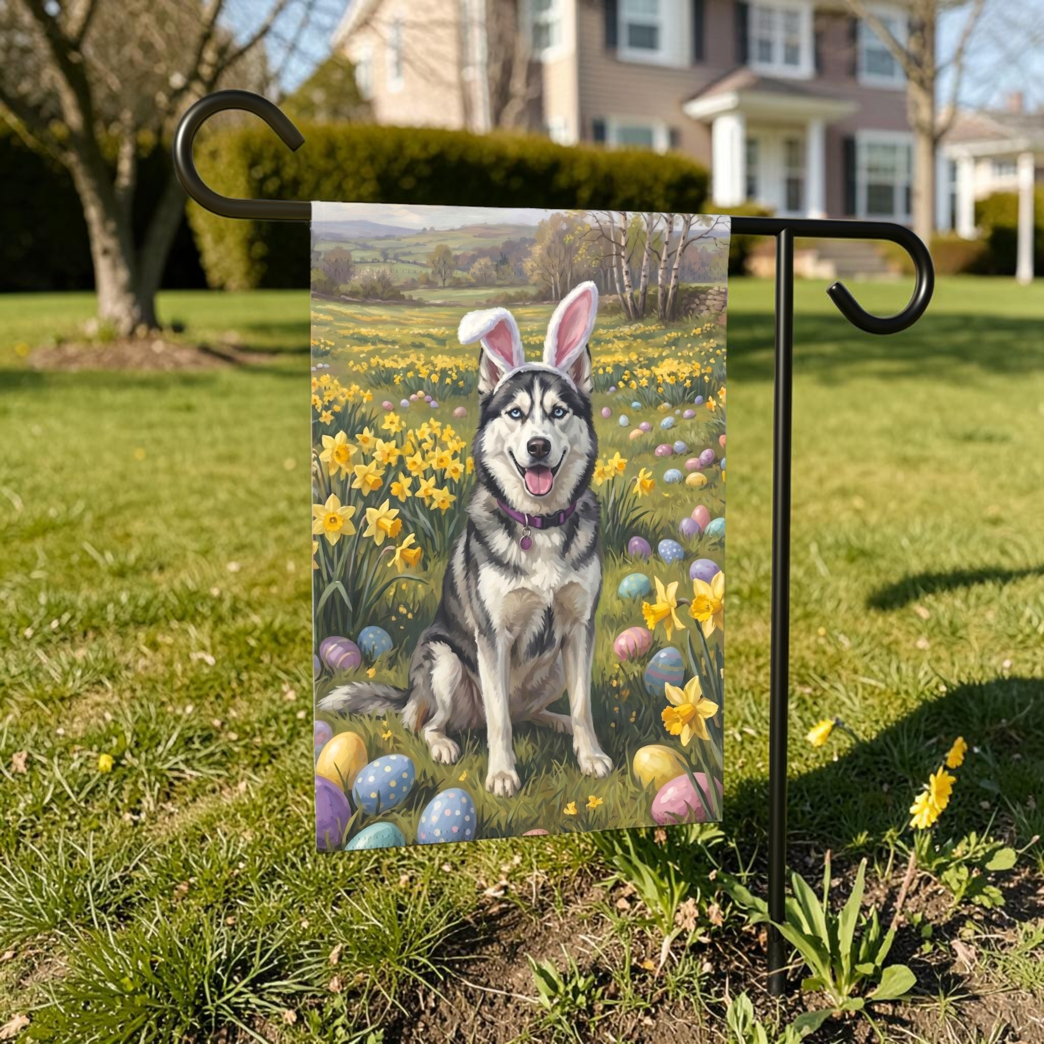 Pink Bunny Ears Siberian Husky Easter Garden Flag