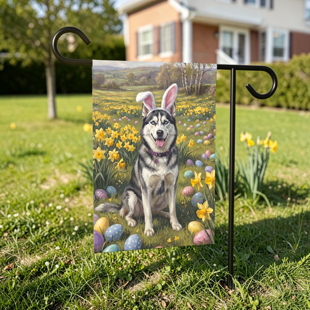 Pink Bunny Ears Siberian Husky Easter Garden Flag - lifestyle display - Dragonfire Gardens