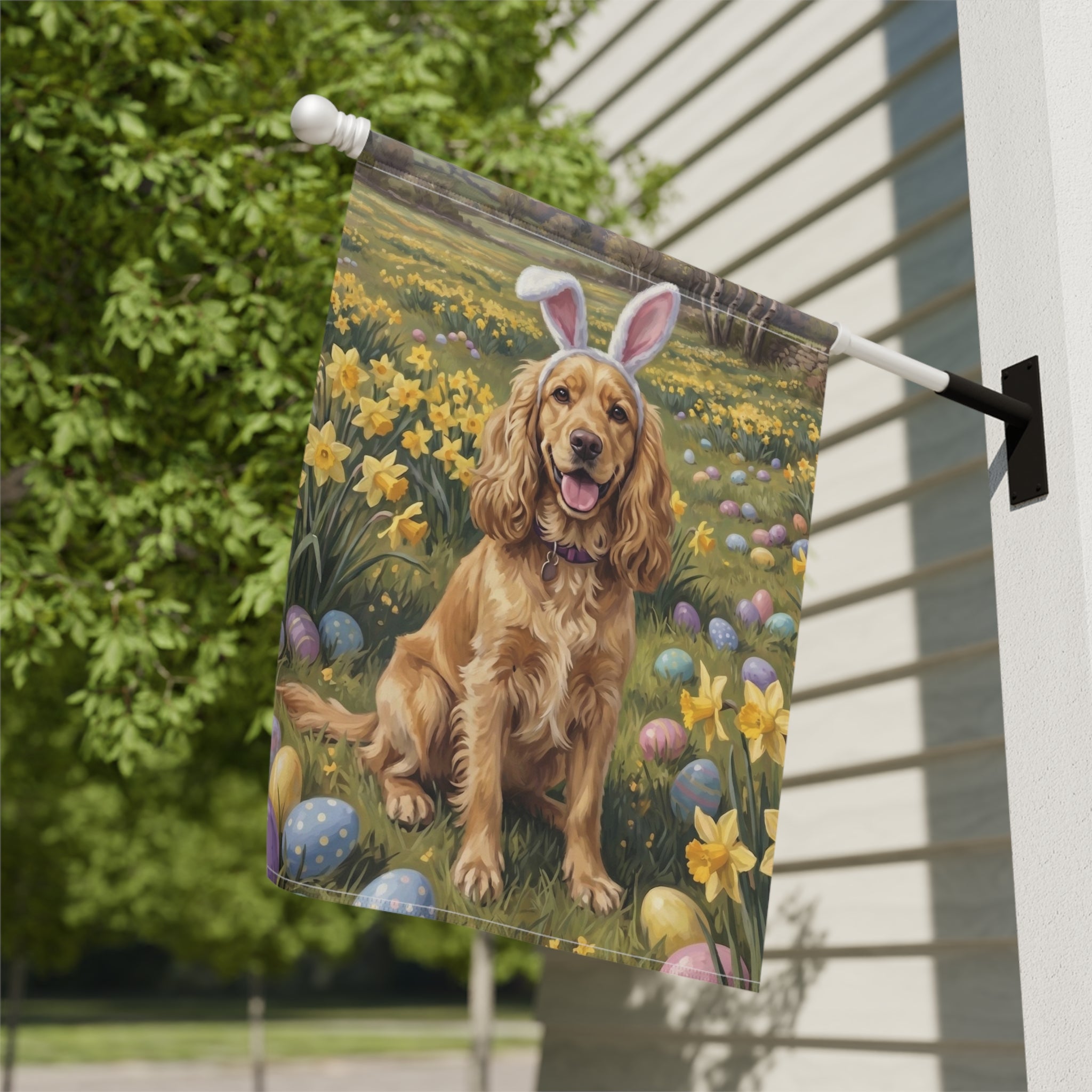 Pink Bunny Ears Golden Cocker Spaniel Easter Garden Flag