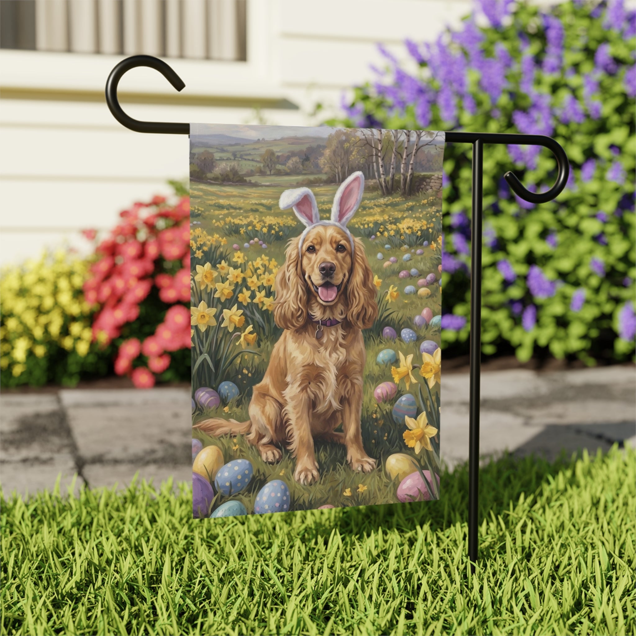 Pink Bunny Ears Golden Cocker Spaniel Easter Garden Flag