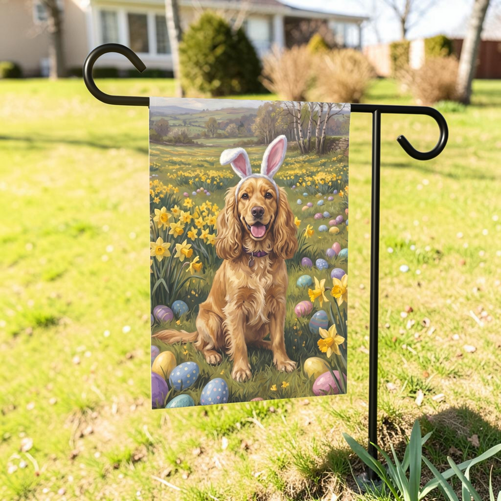 Pink Bunny Ears Golden Cocker Spaniel Easter Garden Flag - lifestyle display - Dragonfire Gardens