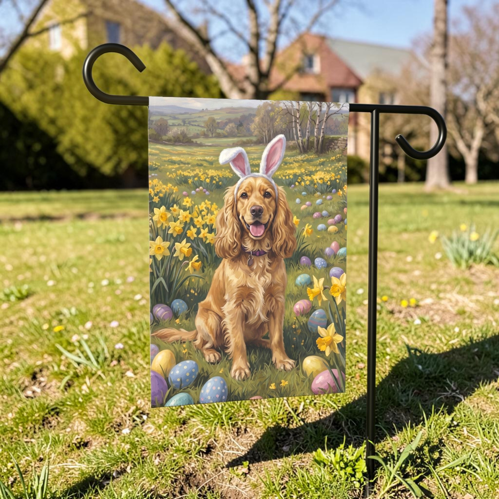 Pink Bunny Ears Golden Cocker Spaniel Easter Garden Flag