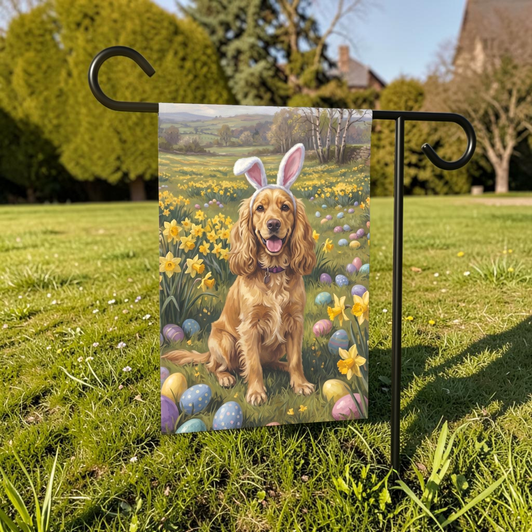 Pink Bunny Ears Golden Cocker Spaniel Easter Garden Flag
