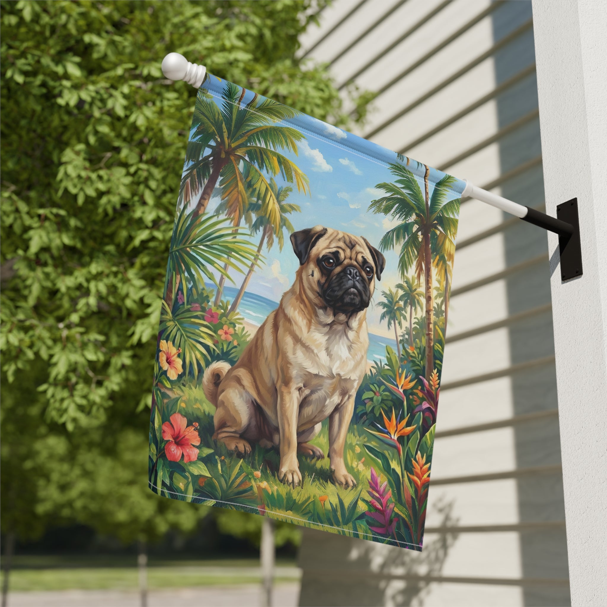Palm Tree Summer Pug Garden Flag