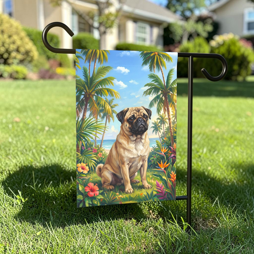 Palm Tree Summer Pug Garden Flag