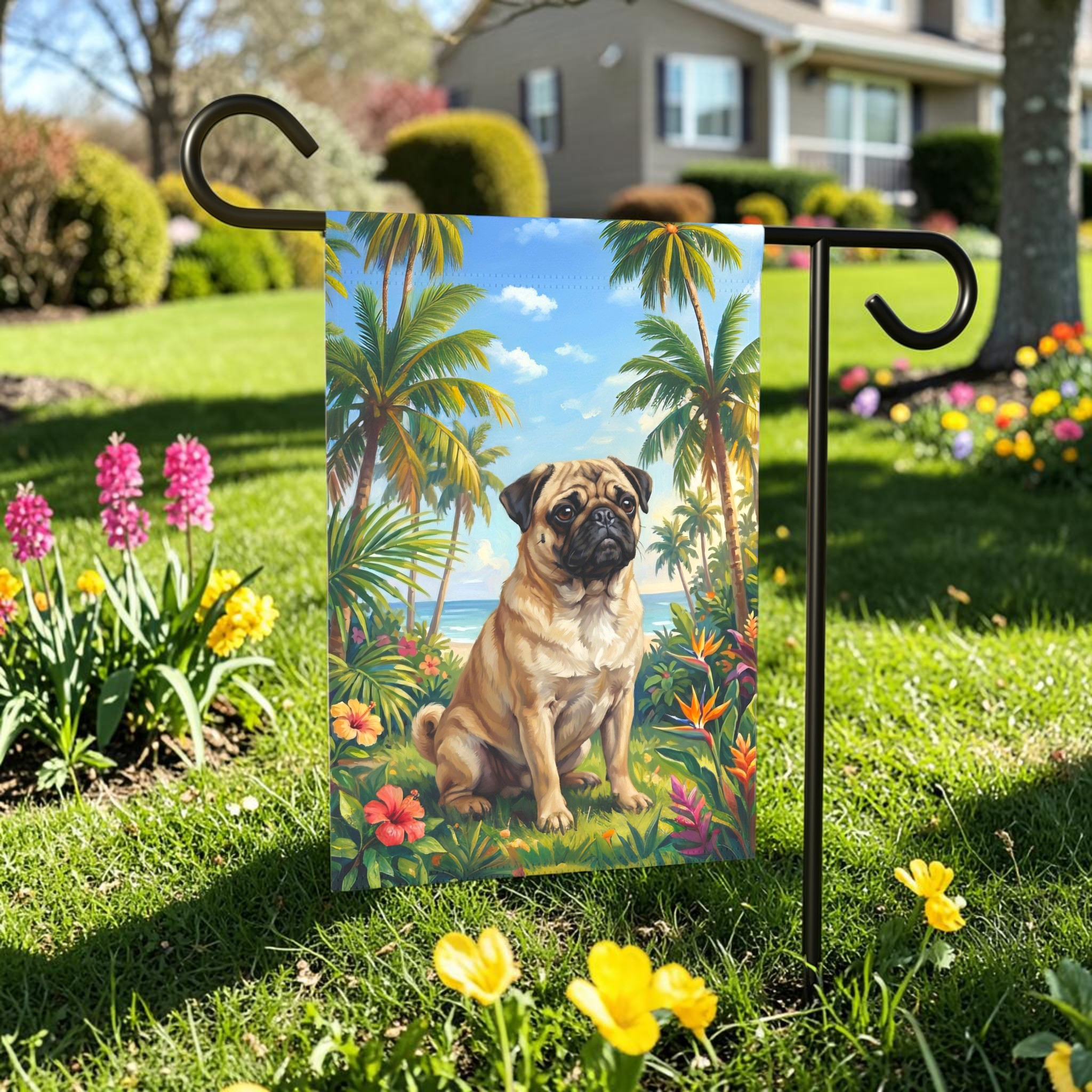 Palm Tree Summer Pug Garden Flag