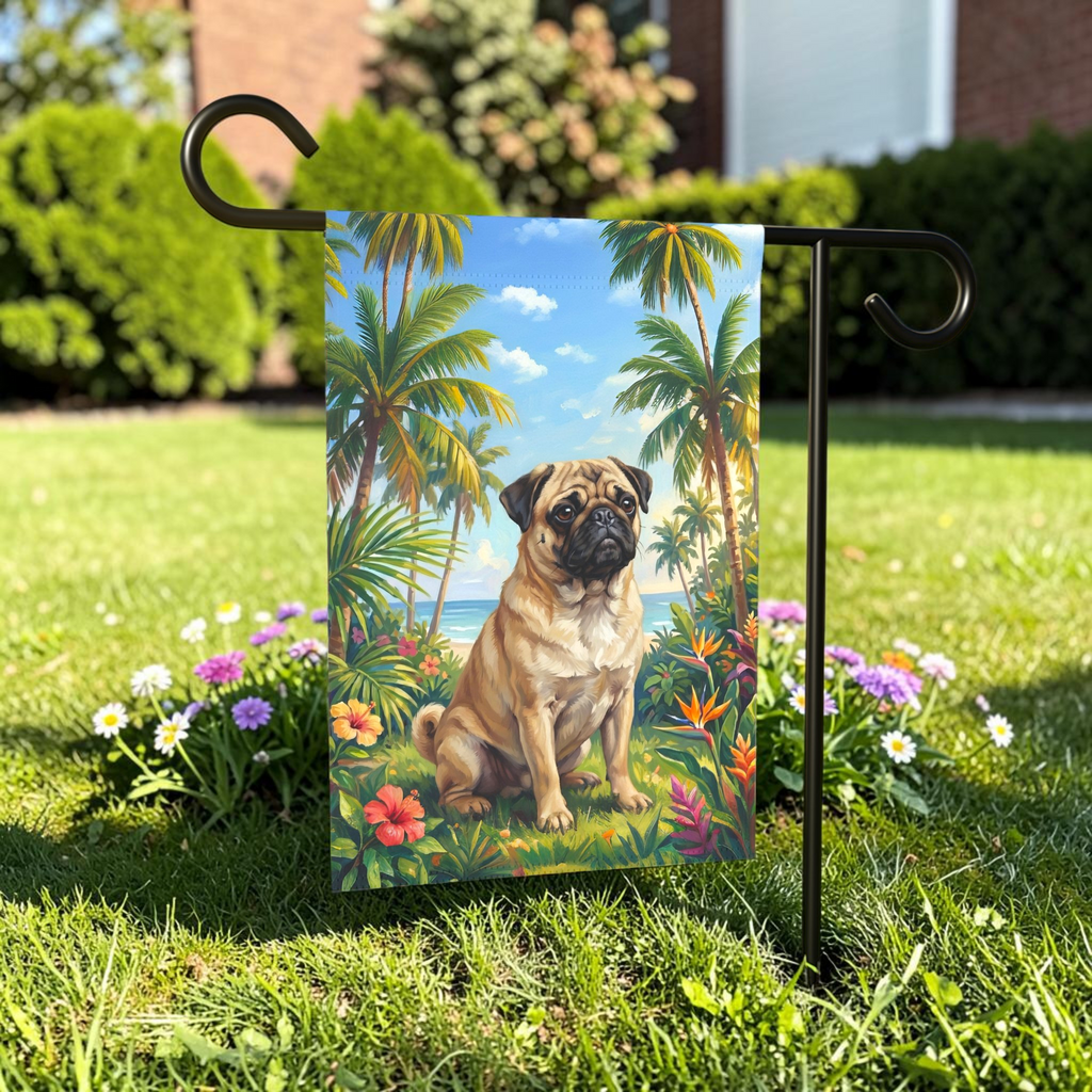 Palm Tree Summer Pug Garden Flag