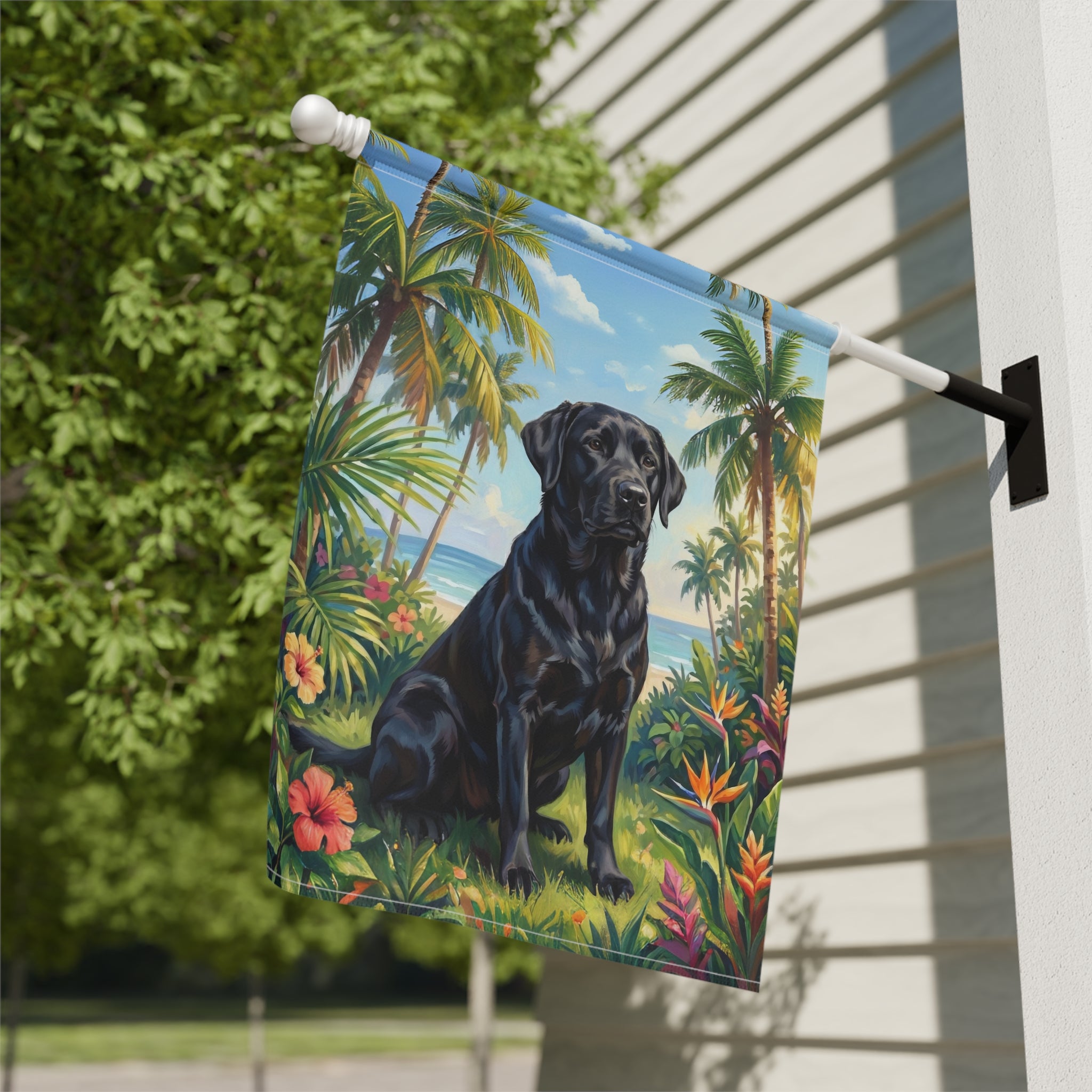 Palm Tree Summer Black Labrador Garden Flag