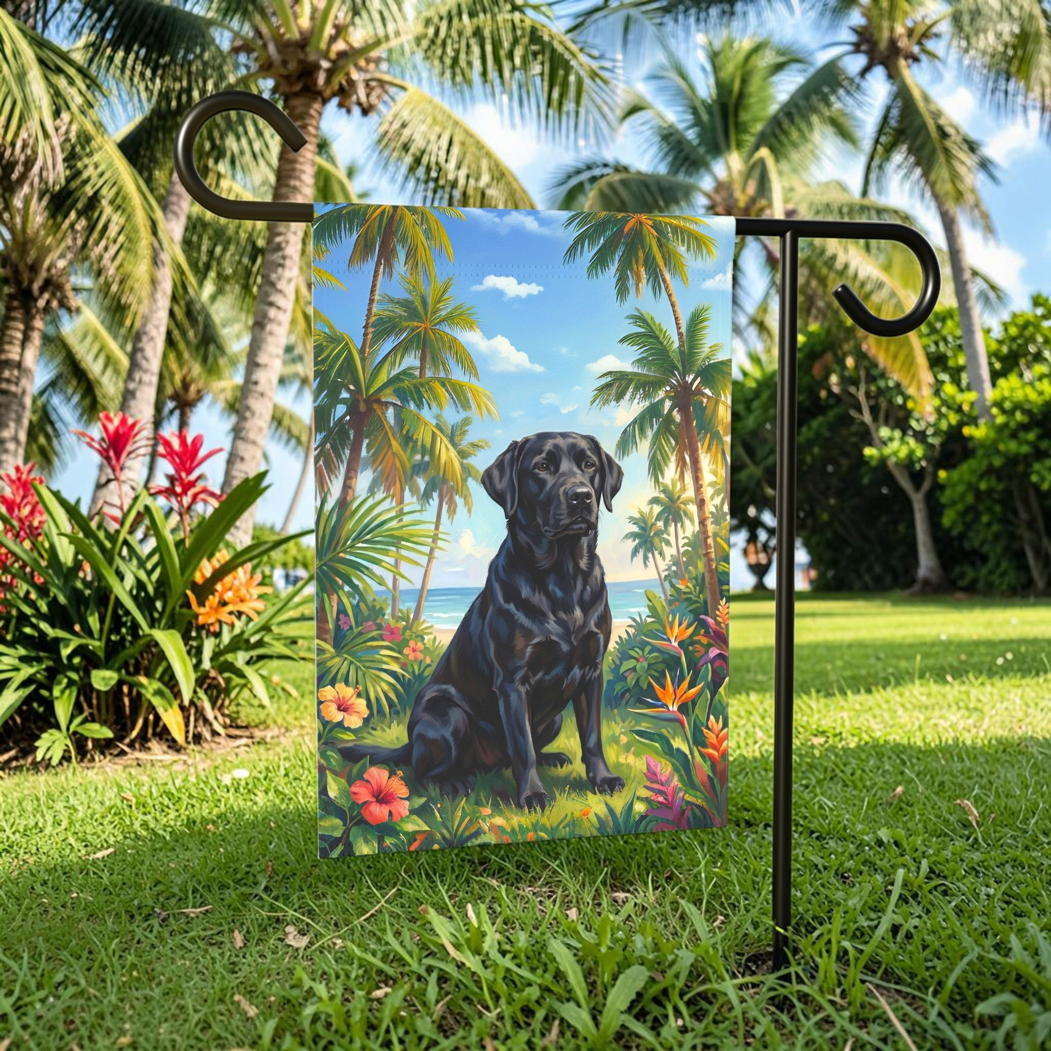 Palm Tree Summer Black Labrador Garden Flag